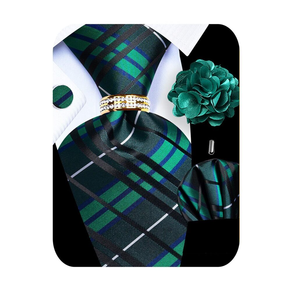 8729 5PCS Green Plaid Silk Designer Tie, Pocket Square, Cufflinks, Drilled